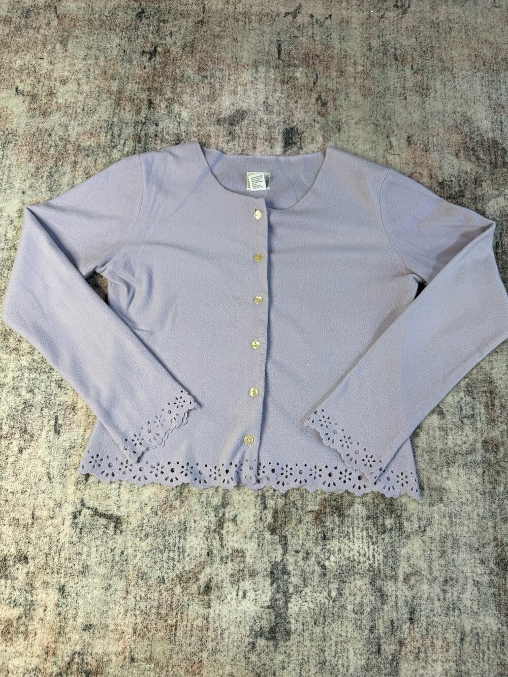 Women's Purple Fleece Cardigan Jacket Size M Laser Cut Button Front Beaded Trim